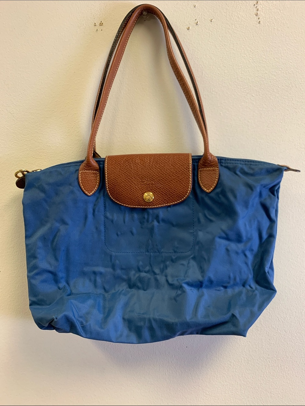 Longchamp Blue Nylon Tote with Brown Leather Trims